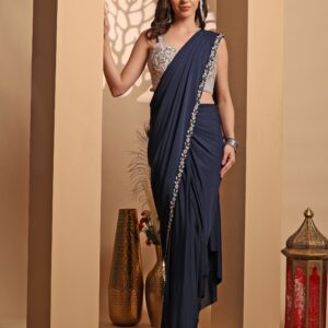 Navy Blue Pre-Draped Saree with Embroidered Blouse