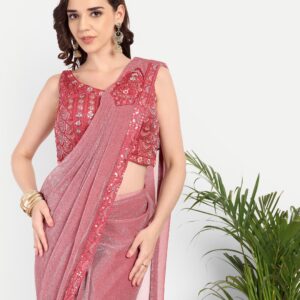 Rose Pink Shimmer Pre-Draped Saree with Embroidered Blouse