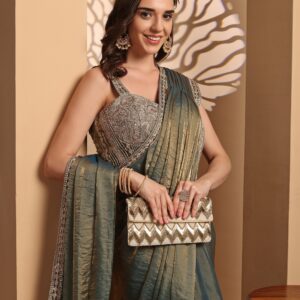 Teal Tissue Silk Pre-Draped Saree with Embroidered Blouse