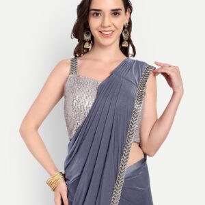Steel Grey Pre-Draped Saree with Sequin Blouse