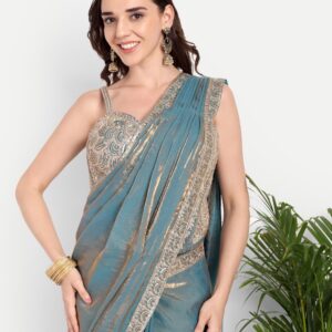 Teal Gold Tissue Pre-Draped Saree with Heavily Embroidered Blouse